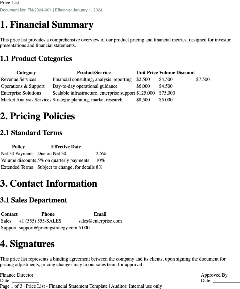 Financial Style price list Template
